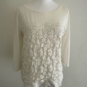 J Crew Cream Floral Appliqué Long Sleeve Top 3/4 length sleeve. Hits at hip.